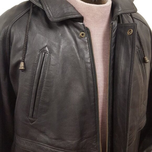 Unisex Soft Leather Belted Parka Hip Hooded Jacket - Picture 2 of 3